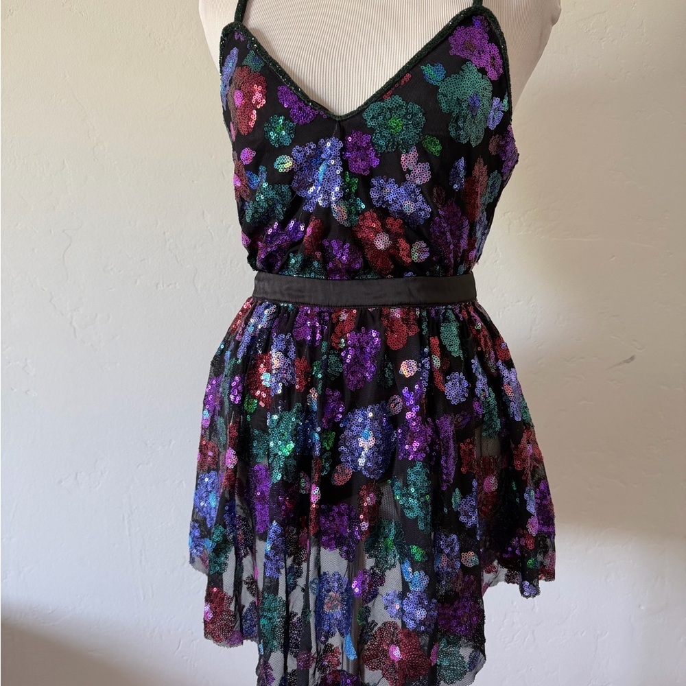 Sequin Floral Black Party Dress with Multicolor Flowers